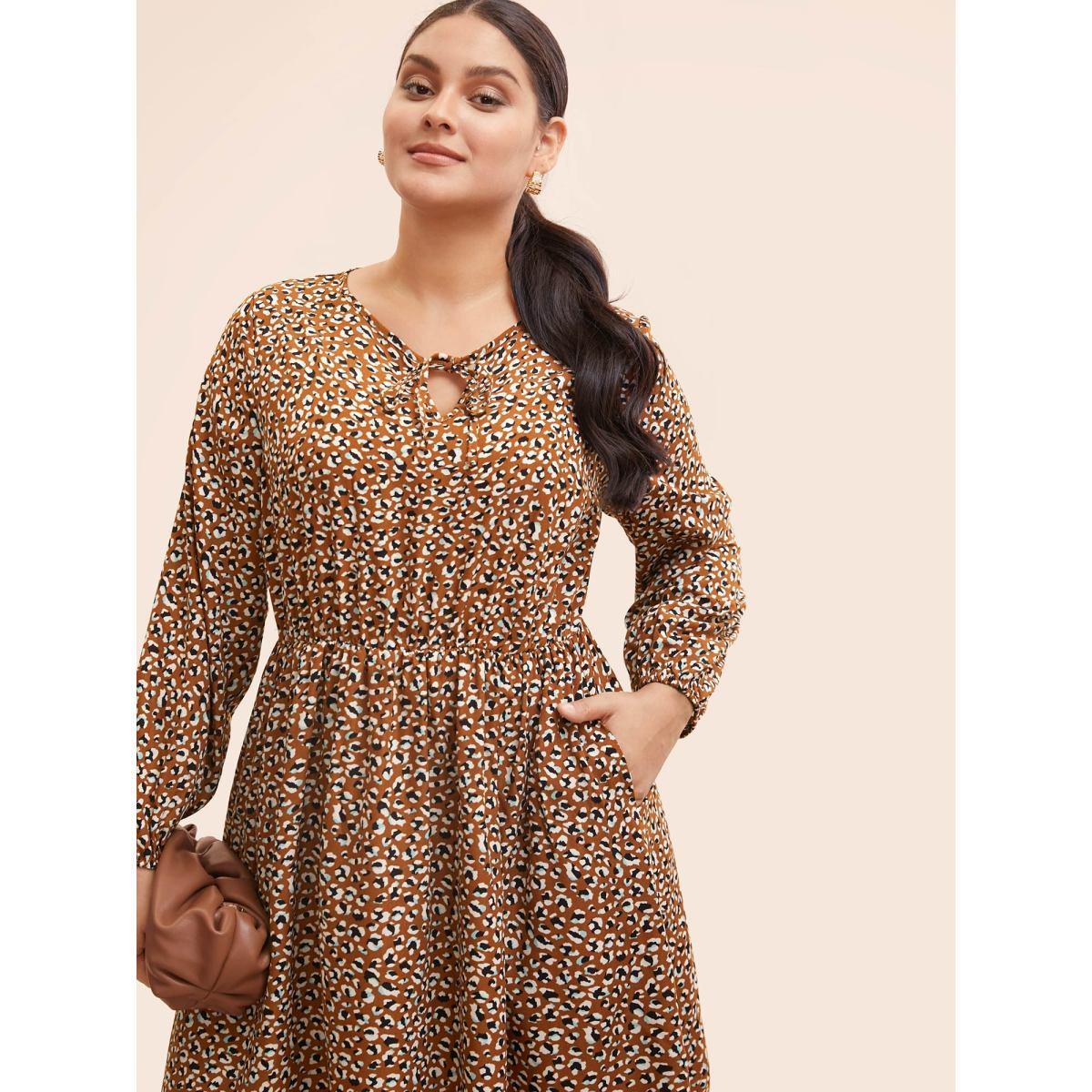 Plus Size Leopard Print Tie Knot Midi Dress Yellowishbrown Women At the Office Tie knot V-neck Long Sleeve Curvy BloomChic 18-20/2X Product Image