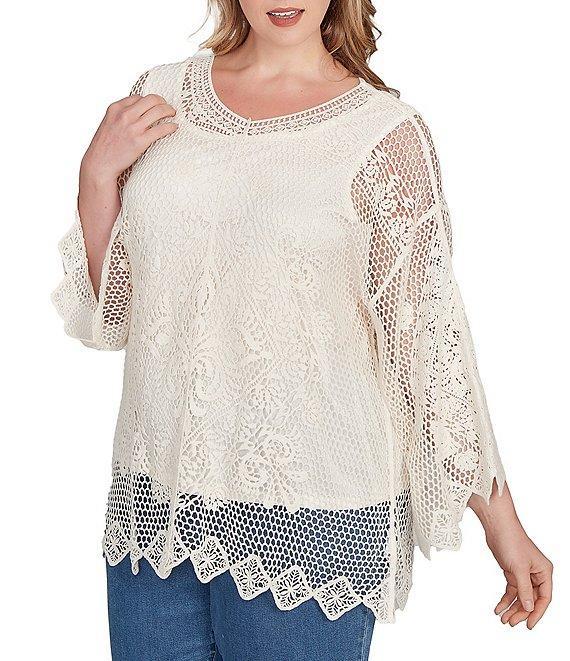 Ruby Rd. Plus Size Crochet Medallion Floral Pattern Scoop Neck 3/4 Wide Flared Sleeve Top Product Image