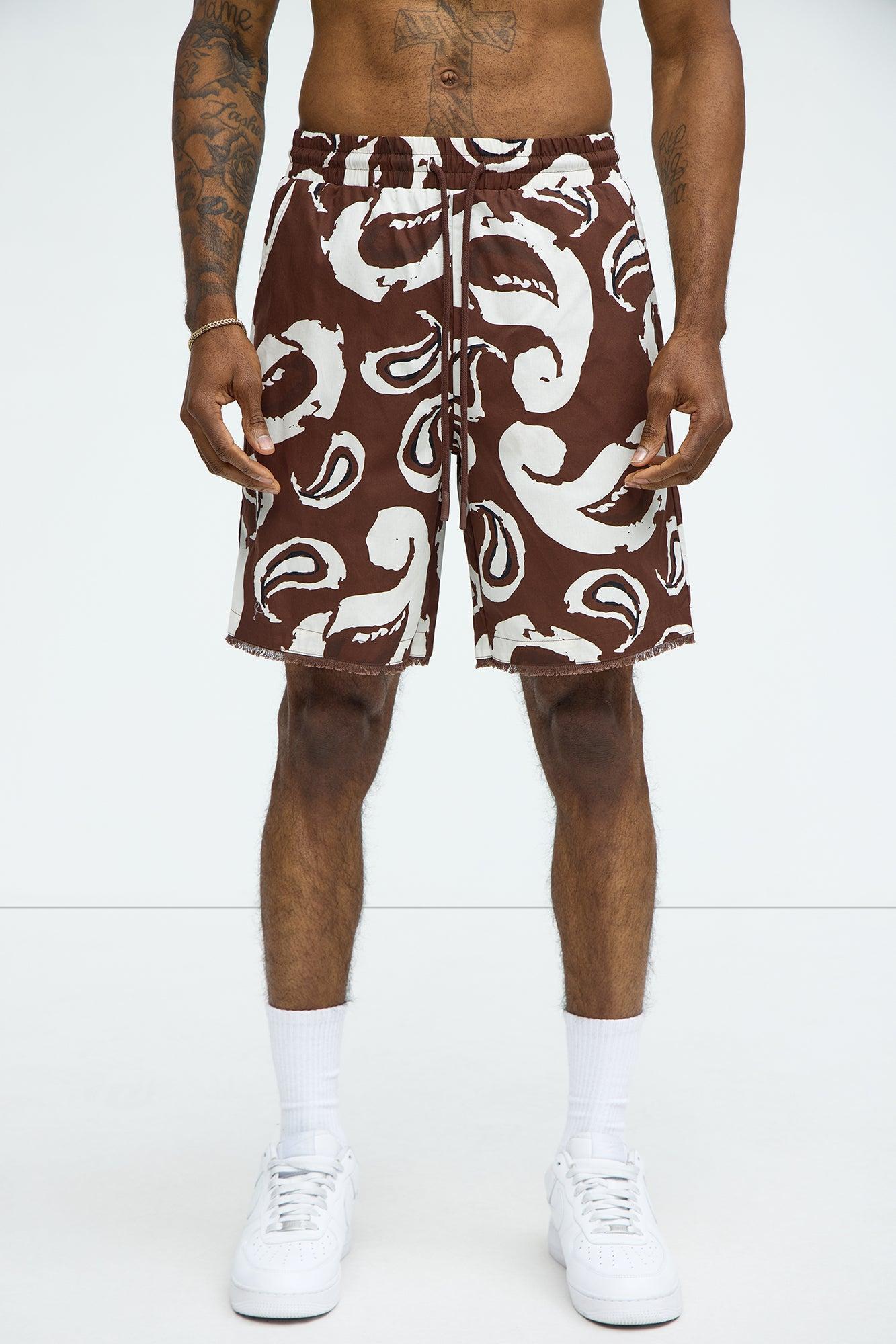 Paisley Print Frayed Shorts - Brown/combo Product Image