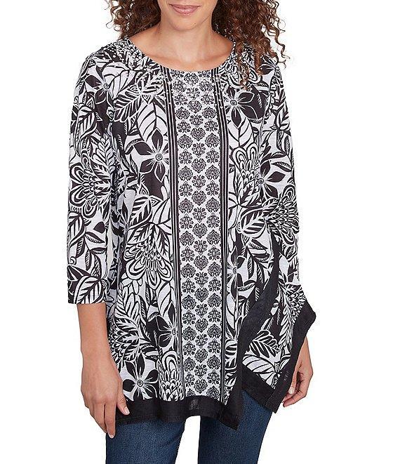 Ruby Rd. Embellished Printed Scoop Neck 3/4 Sleeve Shark-Bite Hem Top Product Image