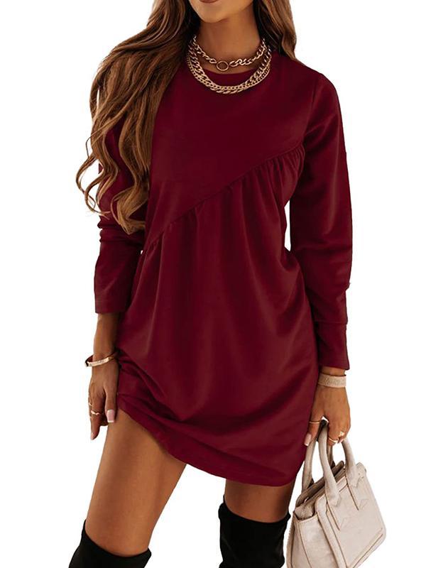 Casual Loose Long Sleeves Solid Color Round-Neck Mini Dresses Product Image