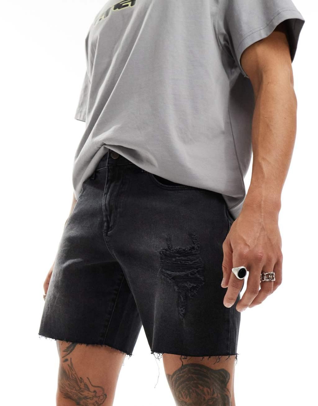 ASOS DESIGN mid length slim denim shorts with rips in washed black Product Image