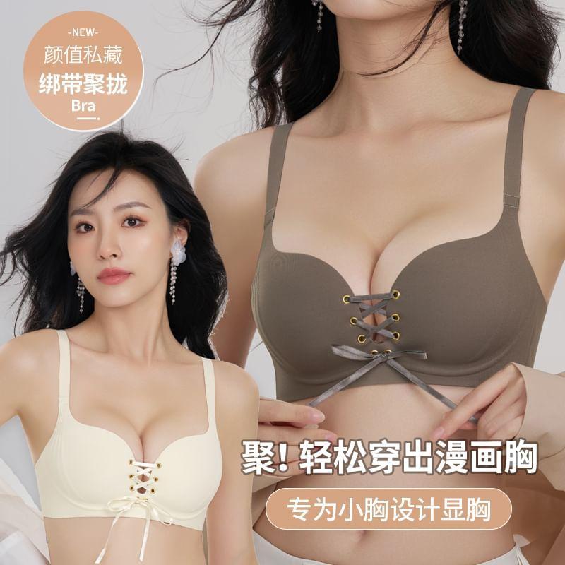 Lace-Up Plain Bra Product Image