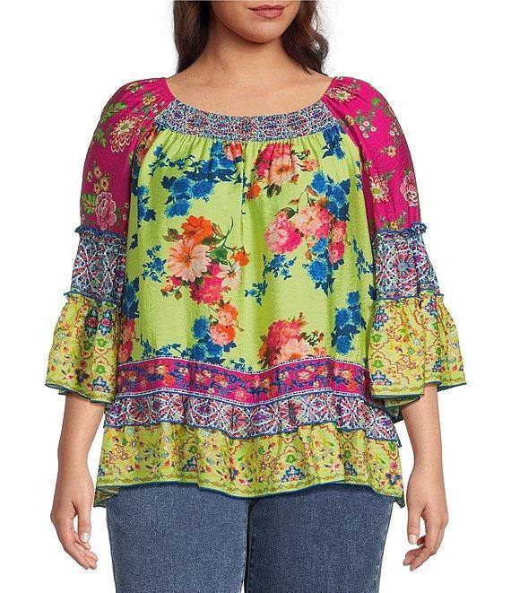 John Mark Plus Size Woven Mixed Print Scoop Neck 3/4 Flounce Sleeve Blouse Product Image