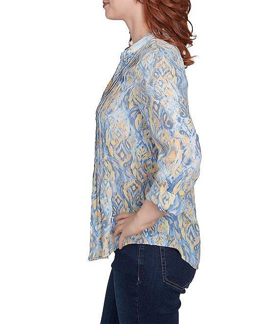 Ruby Rd. Petite Size Woven Printed Band V-Neck 3/4 Roll-Tab Sleeve Pleated Top Product Image