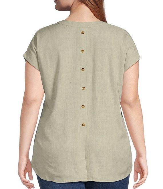 Perch By Blu Pepper Plus Short Sleeve Back Button Woven Linen Blend Top Product Image