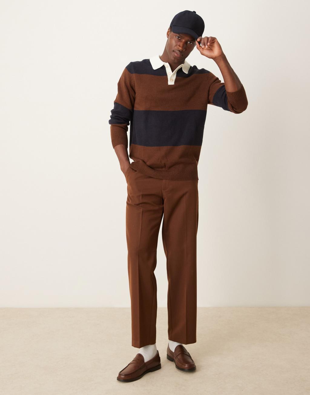 ASOS DESIGN knitted stripe rugby polo in brown and navy rib Product Image