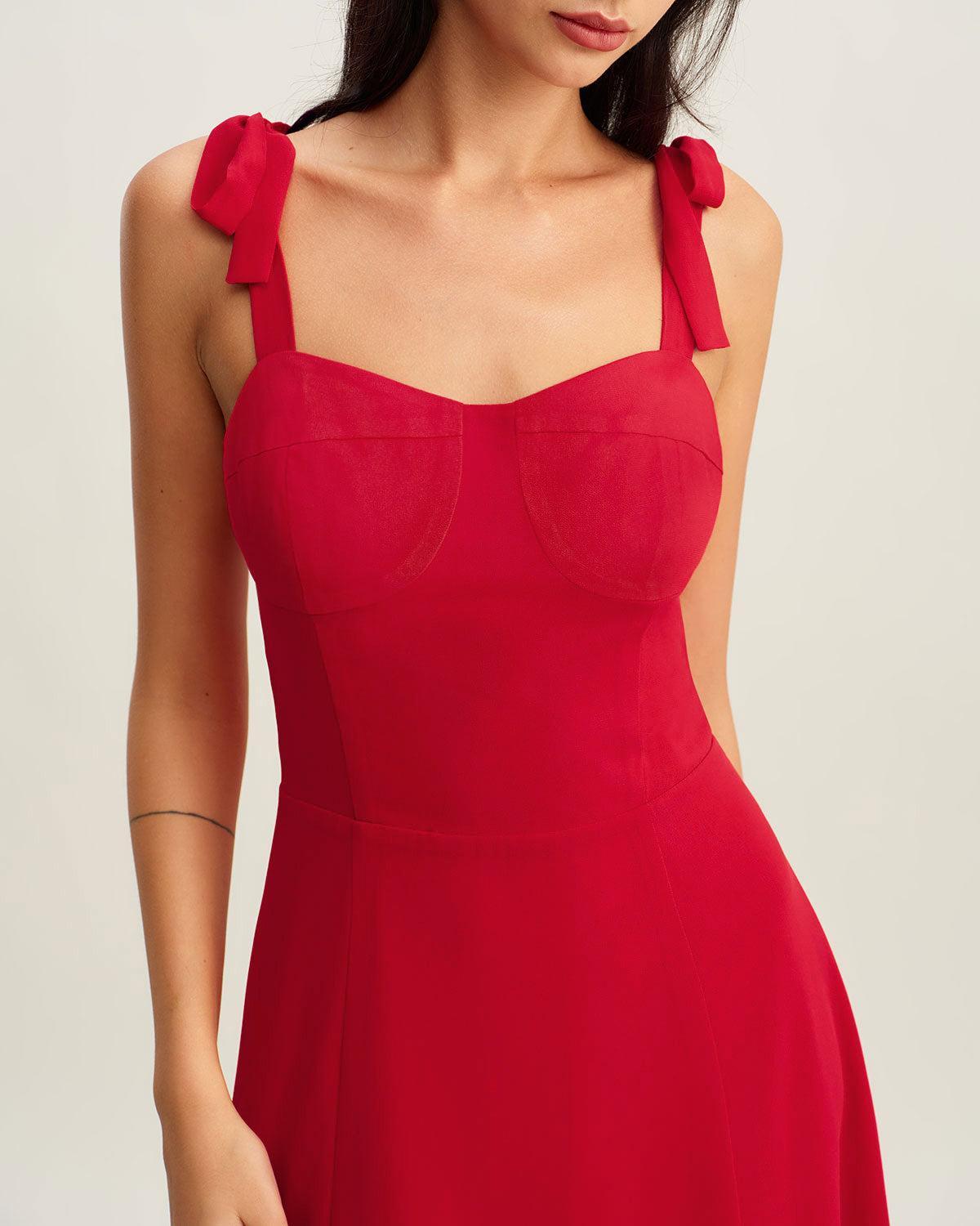 Red Sweetheart Neck Tie Strap Midi Dress Product Image
