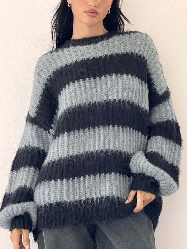 Contrast Color Striped Crew Neck Lantern Sleeve Sweater Product Image