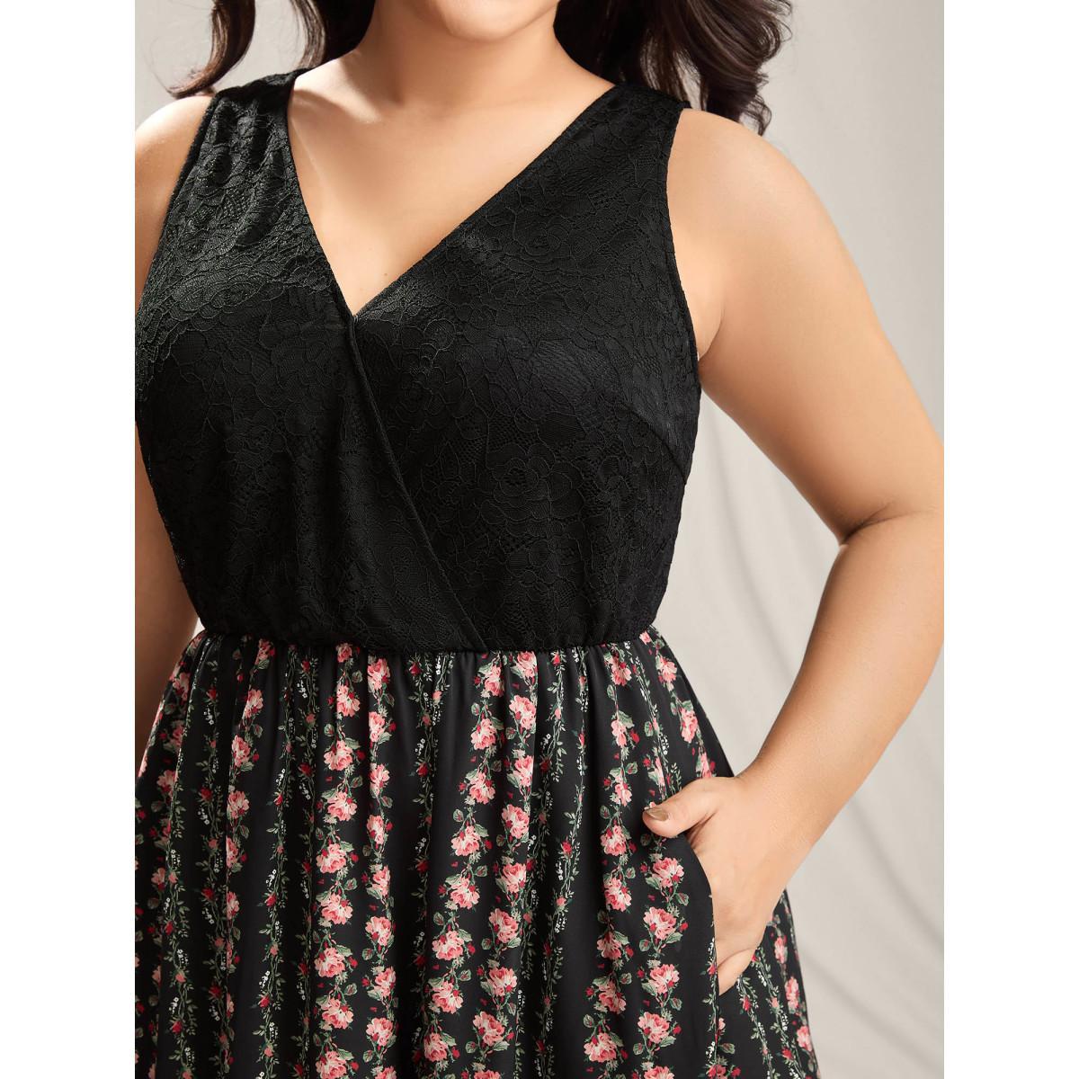 Plus Size Floral Stripes Lace Trim Maxi Dress Black Women Overlap Collar Sleeveless Curvy BloomChic 18-20/2X Product Image