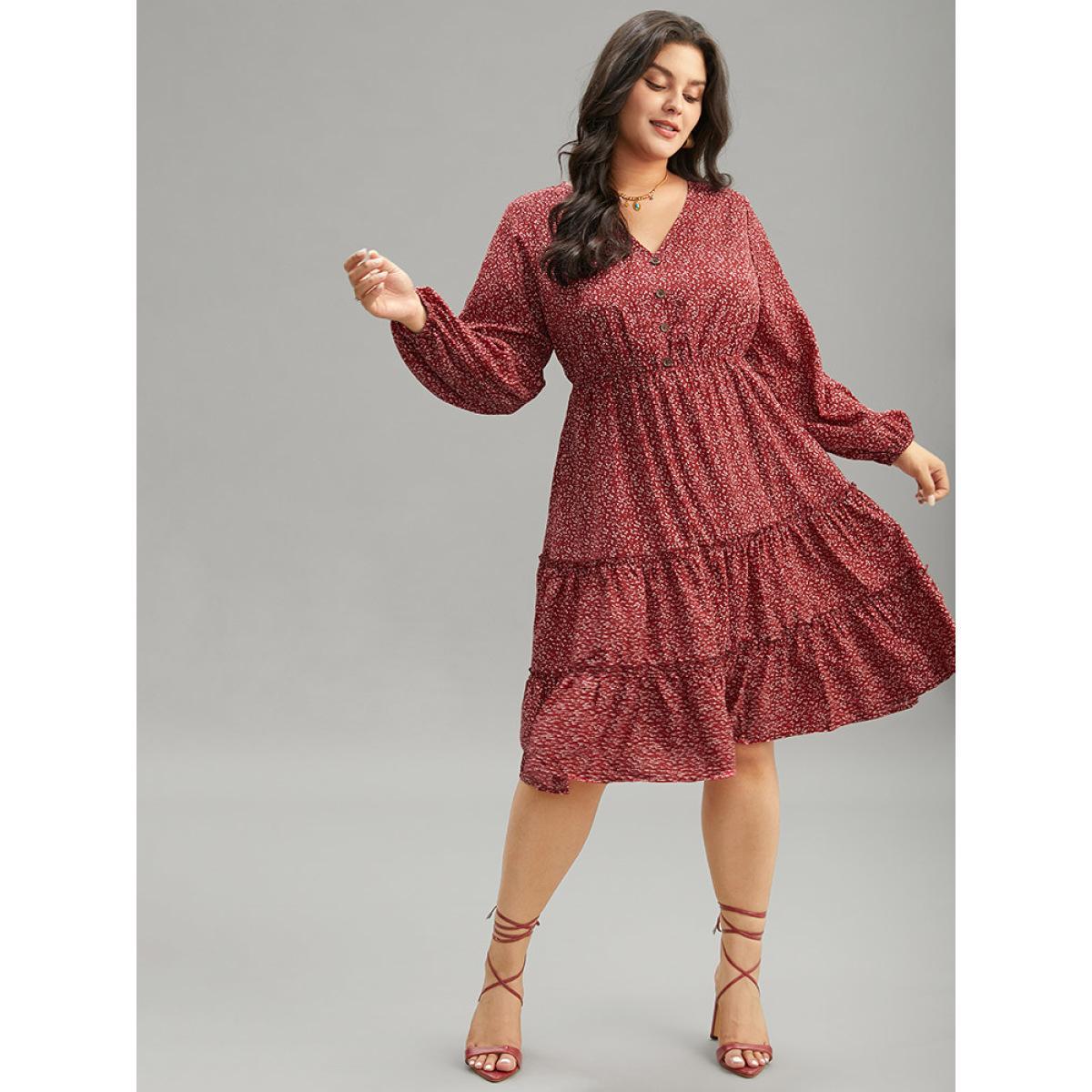 Plus Size Ditsy Floral V Neck Lantern Sleeve Ruffle Layered Hem Dress Scarlet Women Elegant Elastic cuffs V-neck Long Sleeve Curvy Midi Dress BloomChic 10/M Product Image