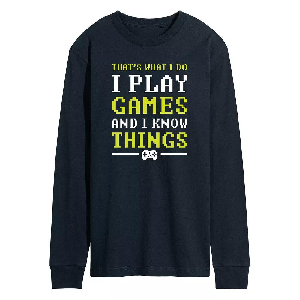 Men's I Play Games And I Know Things Pixel Long Sleeve Graphic Tee, Size: Small, Blue Product Image