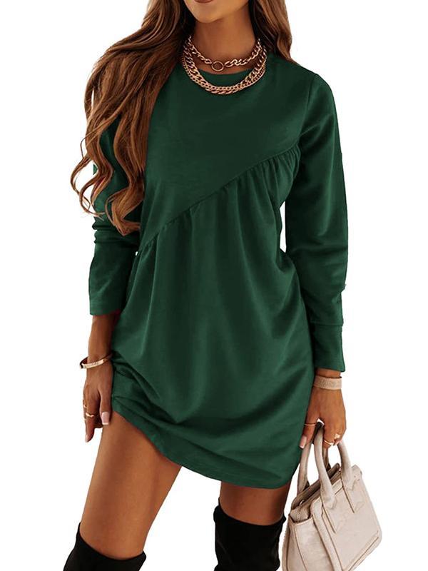 Casual Loose Long Sleeves Solid Color Round-Neck Mini Dresses Product Image
