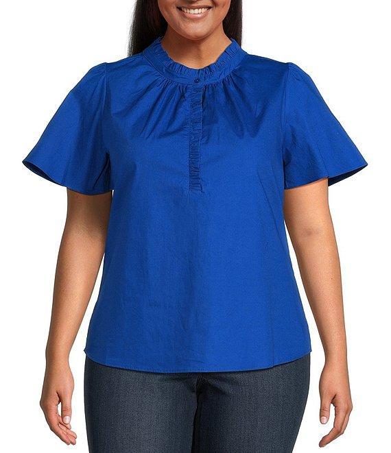 Sugarlips Plus Size Split V-Ruffle Neck Short Sleeve Blouse Product Image