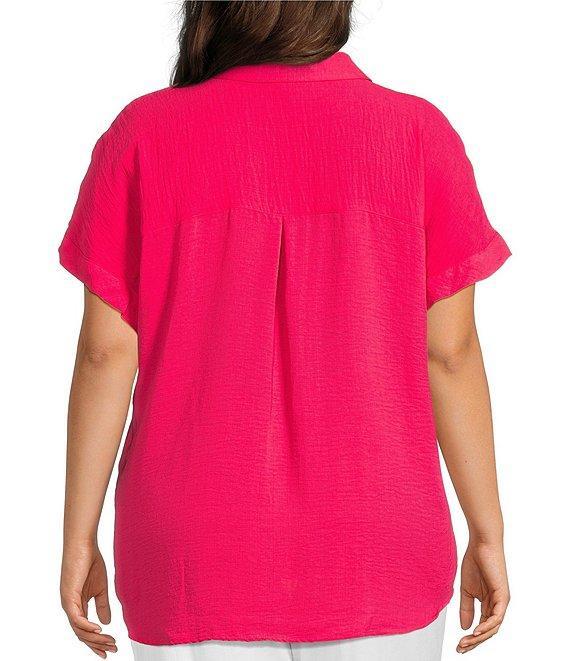 Investments Plus Size Woven Short Sleeve Point Collar Partial Button Front Top Product Image
