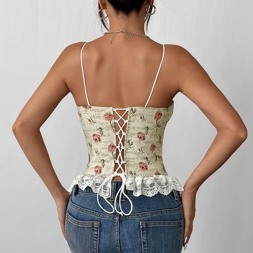 V-Neck Floral Jacquard Lace Panel Bow Accent Corset Top Product Image