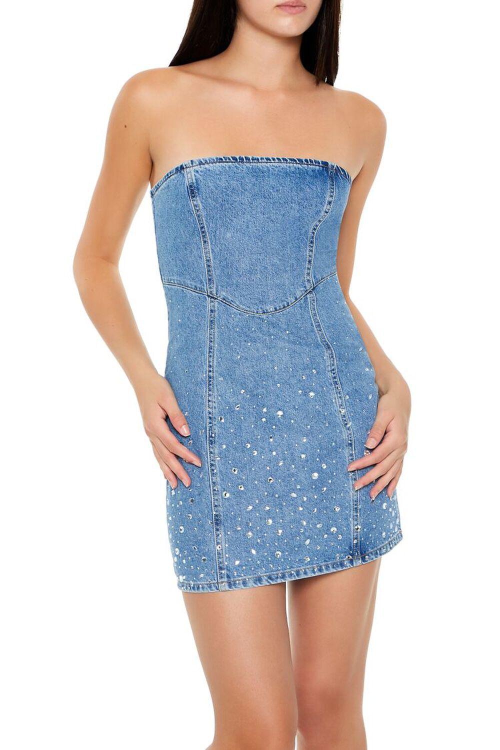 Rhinestone Denim Mini Tube Dress | Forever 21 Product Image