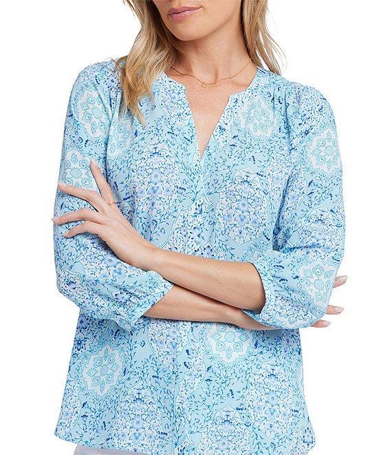 NYDJ Woven Printed Split V-Neck Button Front 3/4 Sleeve Blouse Product Image