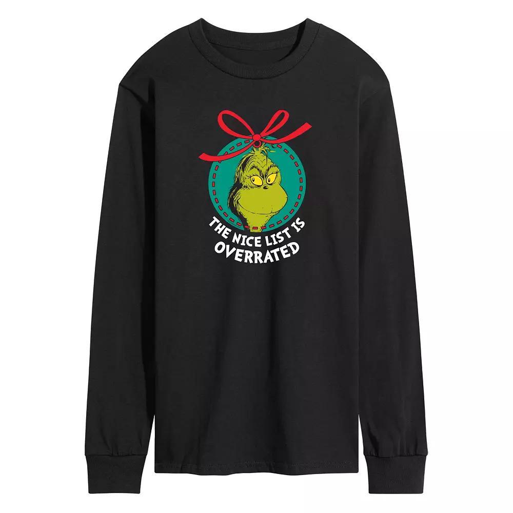 Men's Dr. Seuss The Grinch Nice List Overrated Long Sleeve Graphic Tee, Size: Large, Black Product Image