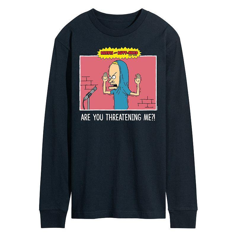 Mens Beavis And Butthead Threatening Me Long Sleeve Tee Blue Product Image