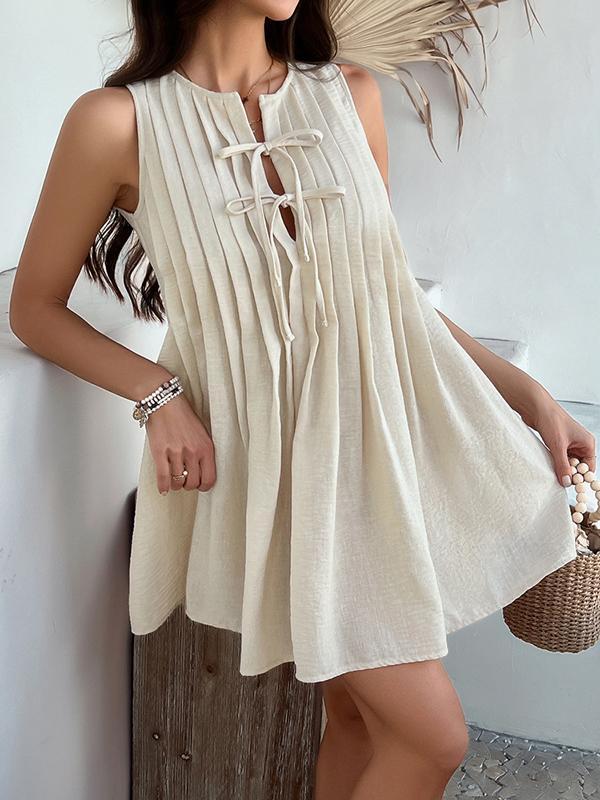 A-Line Loose Pleated Solid Color Tied Round-Neck Mini Dresses Vest Top Product Image