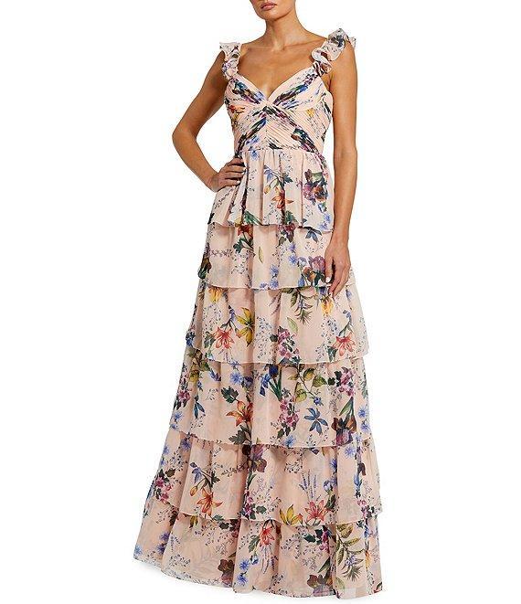 Mac Duggal Floral Print V-Neck Ruffle Sleeveless Tiered Gown Product Image