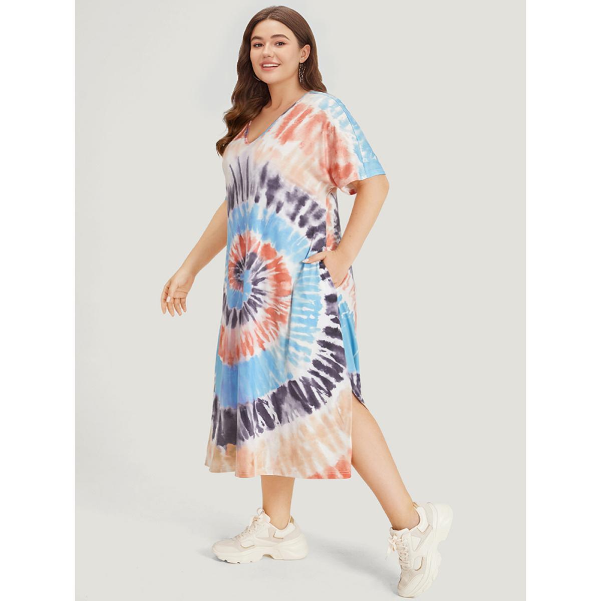 Plus Size Tie Dye Pocket Split Side Dolman Sleeve Dress Multicolor Women Casual Tie Dye V-neck Short sleeve Curvy Midi Dress BloomChic 28/5X Product Image