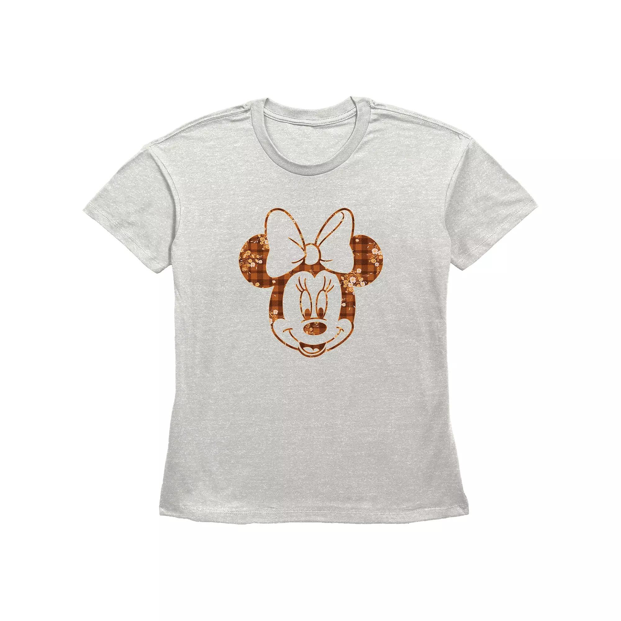 Disney's Minnie Mouse Plaid Floral Print Women's Graphic Tee, Size: Large, Oatmeal Product Image