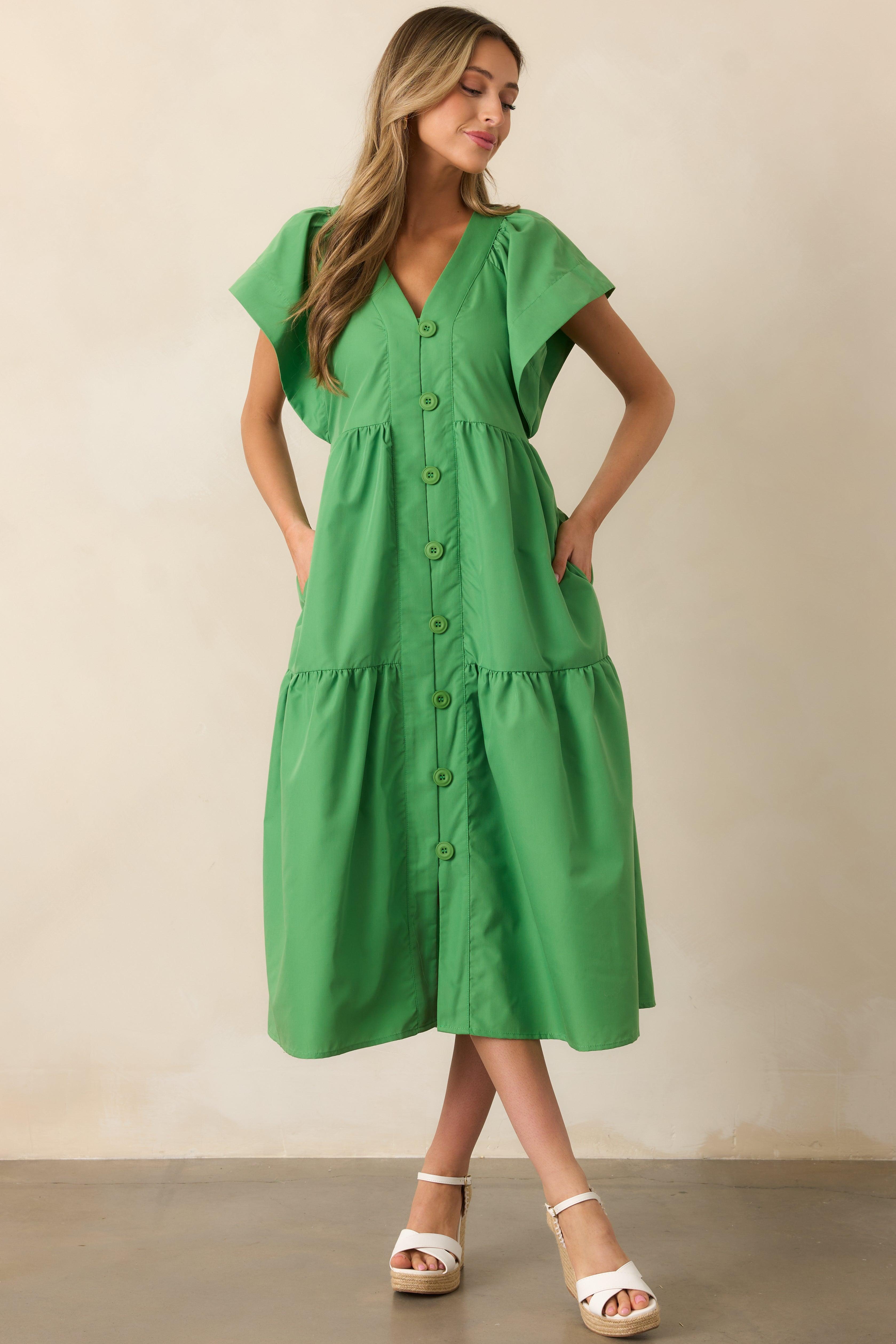 Living In A Small Town Green Button Front Midi Dress Product Image