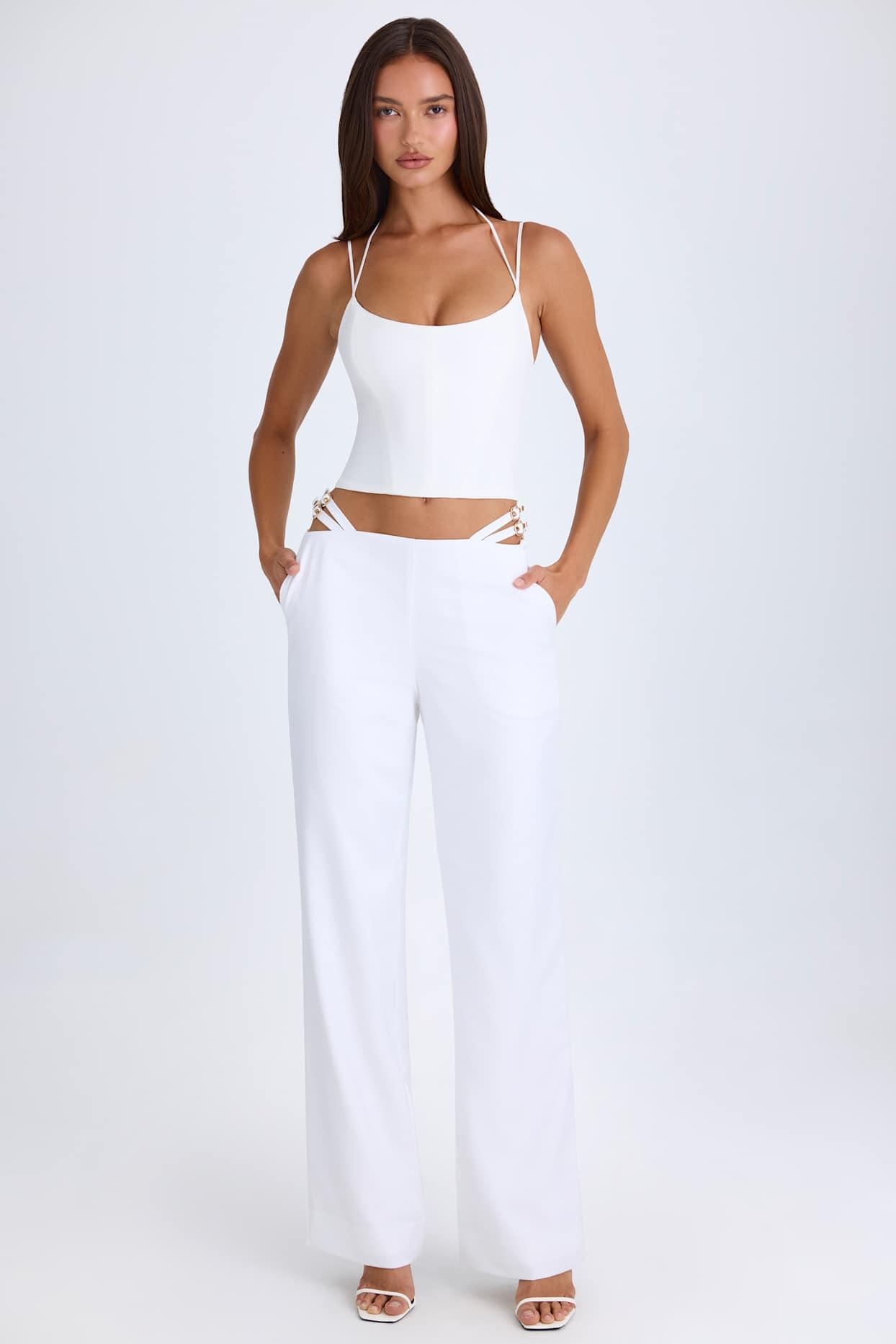 Belted Cut-Out Wide-Leg Trousers in White Product Image
