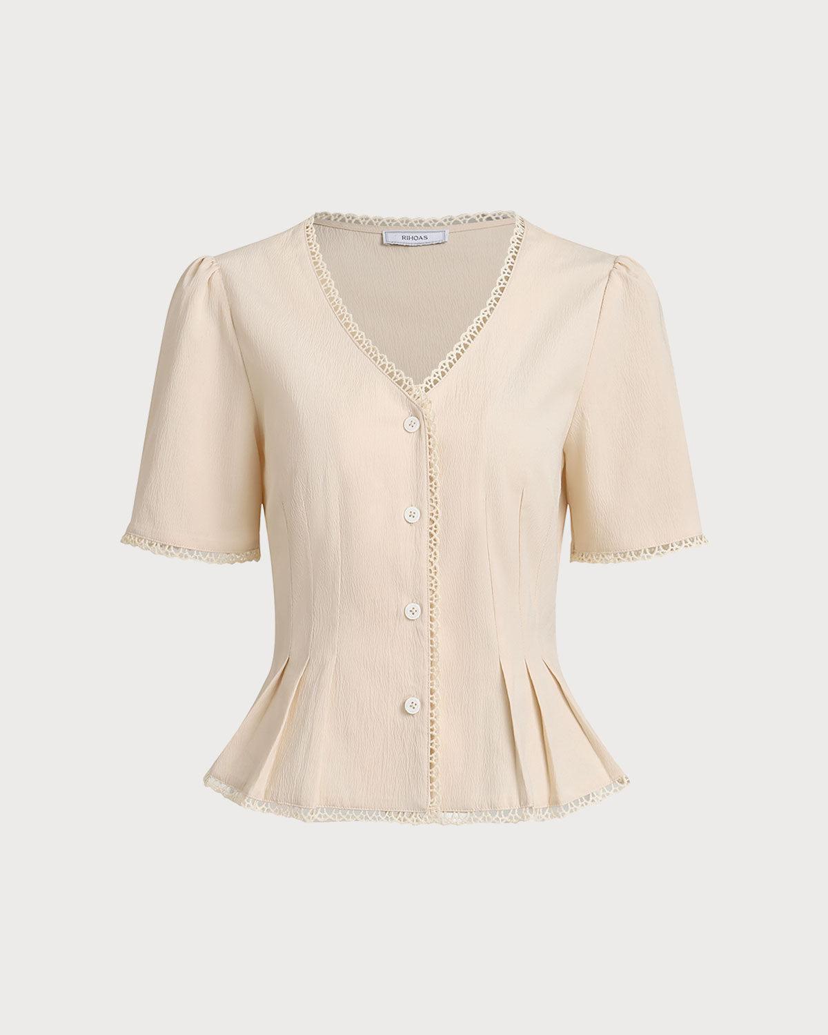 Beige V Neck Pleated Button Blouse Product Image