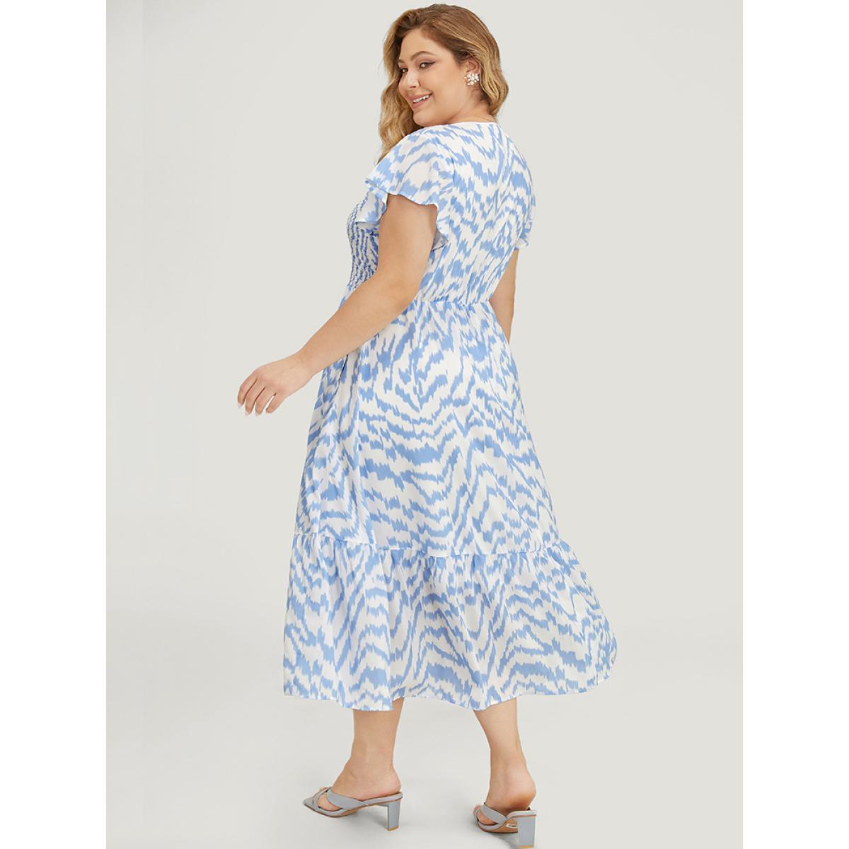 Plus Size Water Ripple Shirred Ruffle Sleeve Pocket Belt Dress LightBlue Women Elegant Contrast Round Neck Short sleeve Curvy Midi Dress BloomChic 22-24/3X Product Image
