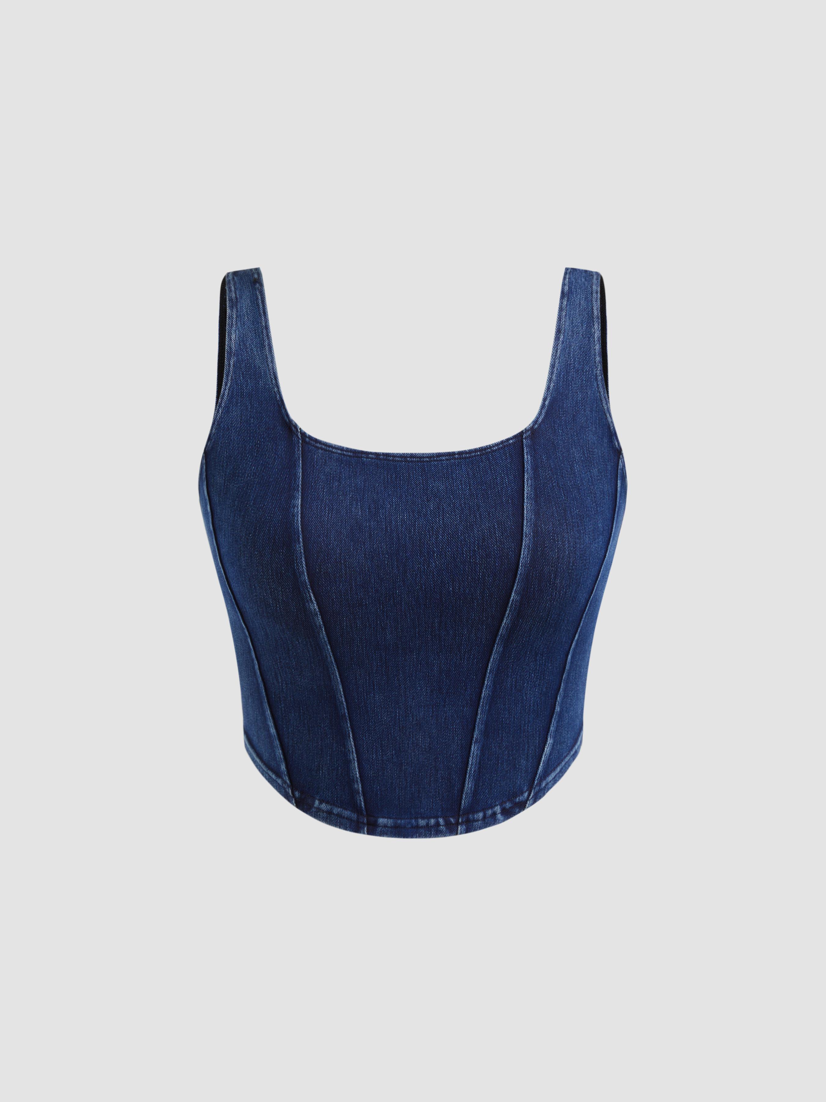 Denim Scoop Neck Solid Crop Tank Top Product Image