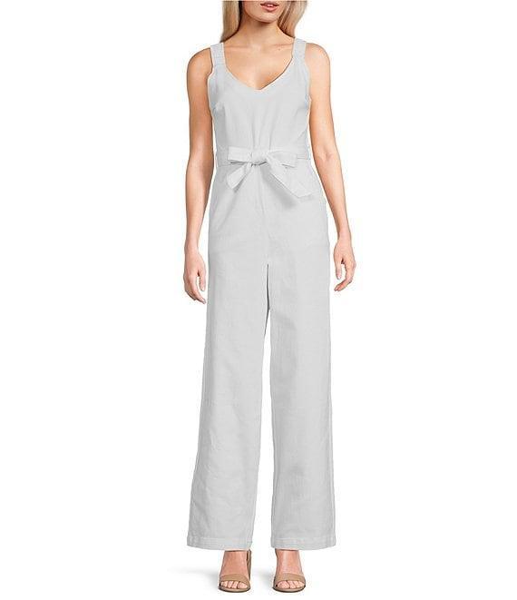 Copper Key Tie Front Wide Leg Denim Jumpsuit Product Image