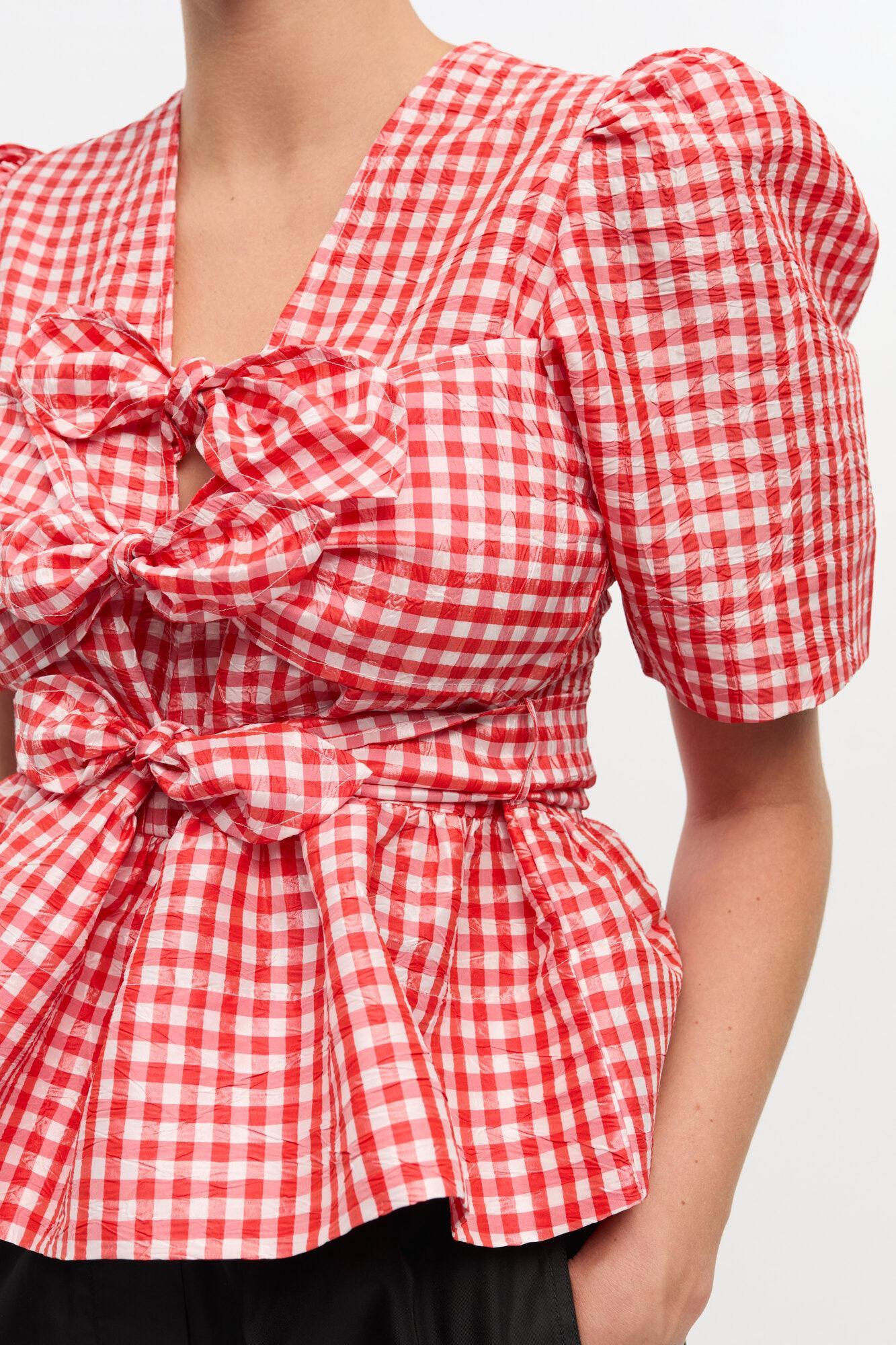 Red Crinkled Check Taffeta Blouse Product Image