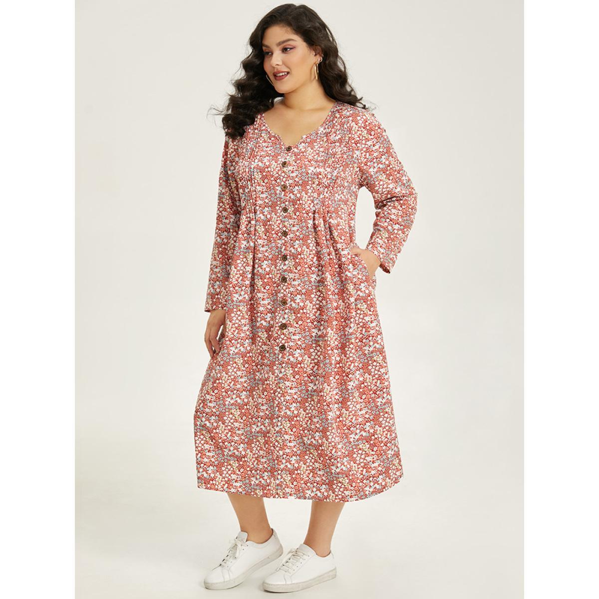 Plus Size Ditsy Floral Notched Pocket Button Detail Dress Russet Women Casual Printed Notched collar Long Sleeve Curvy Midi Dress BloomChic 12/L Product Image