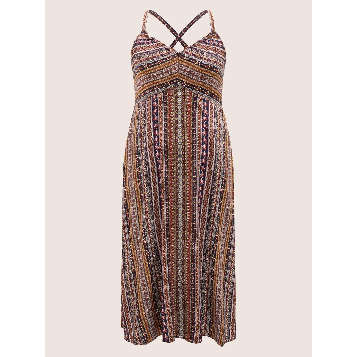 Plus Size Boho Print Elastic Waist Split Hem Cami Dress Navy Women Boho Non V-neck Sleeveless Curvy BloomChic 14-16/1X Product Image