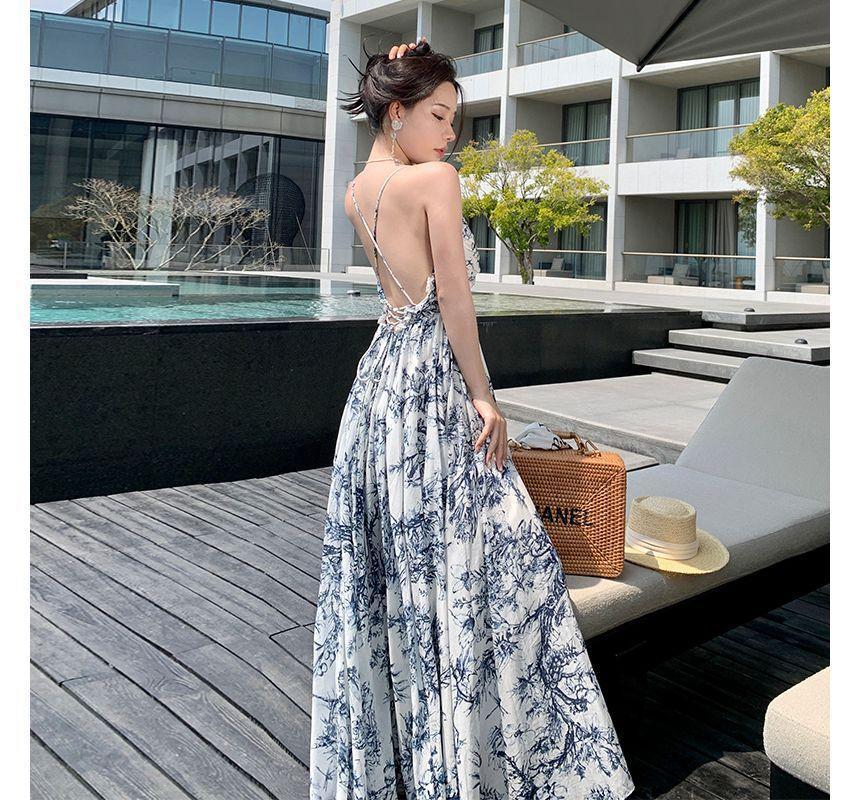 Spaghetti Strap Floral Print Backless Maxi A-Line Wrap Dress Product Image