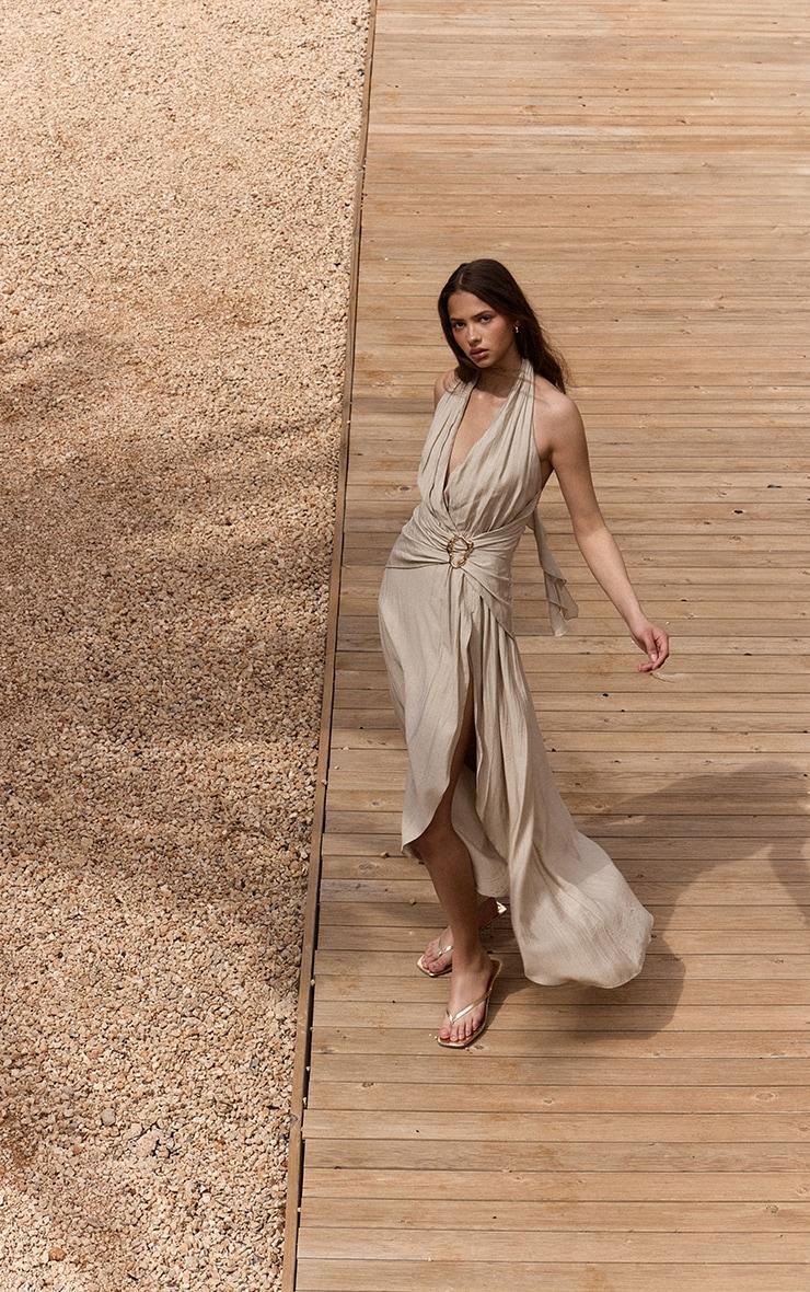 Cream Textured Plunge Trim Detail Maxi Dress Product Image