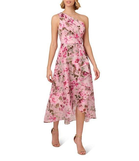 Adrianna Papell Floral Printed Organza One Shoulder Sleeveless Ruffle Front Hi-Lo Dress Product Image