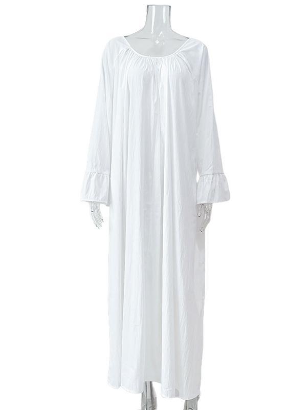 Flared Sleeves Loose Pleated Solid Color Split-Joint Round-Neck Maxi Dresses Product Image