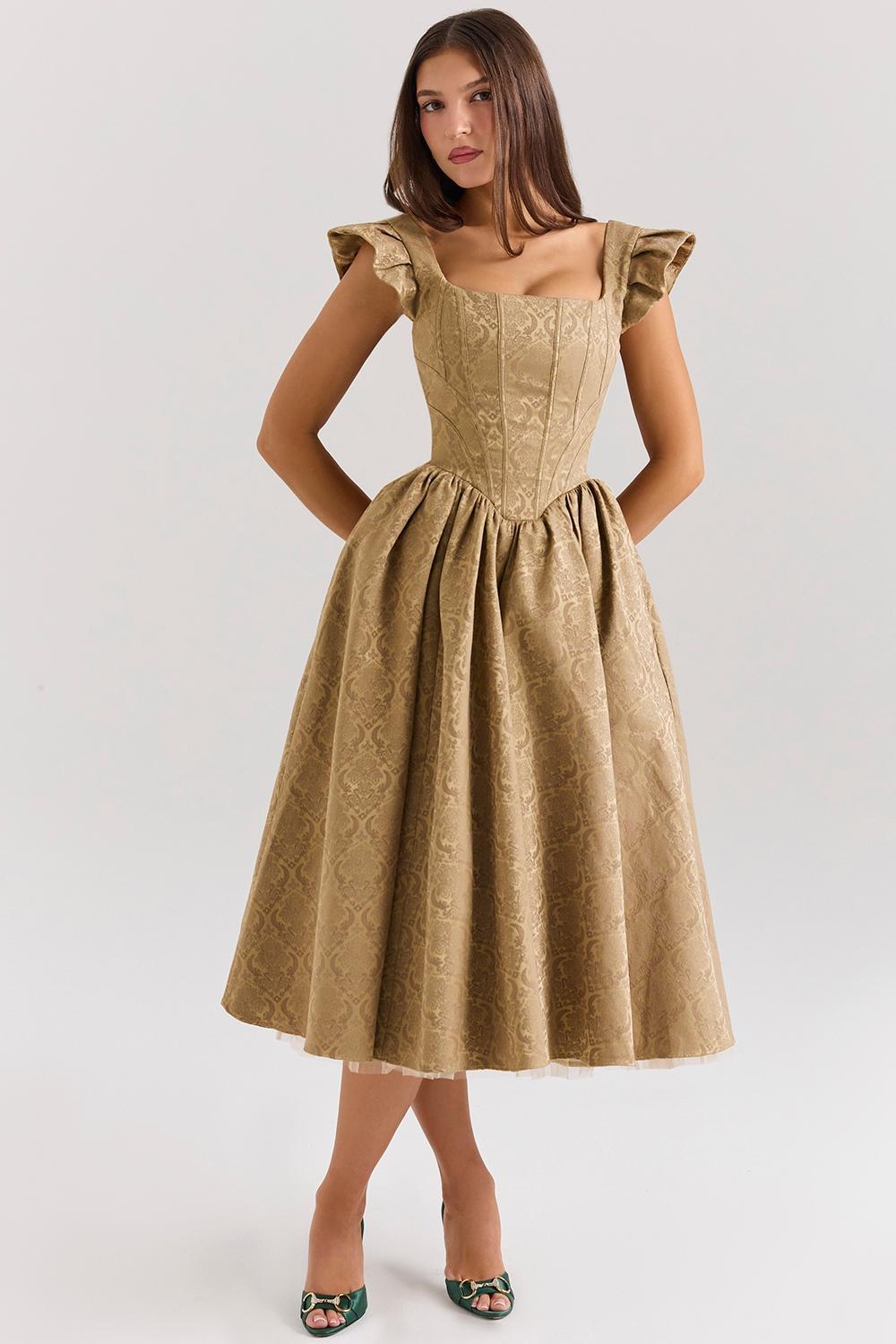 Alessandra Gold Jacquard Midi Dress with Detachable Bow Product Image