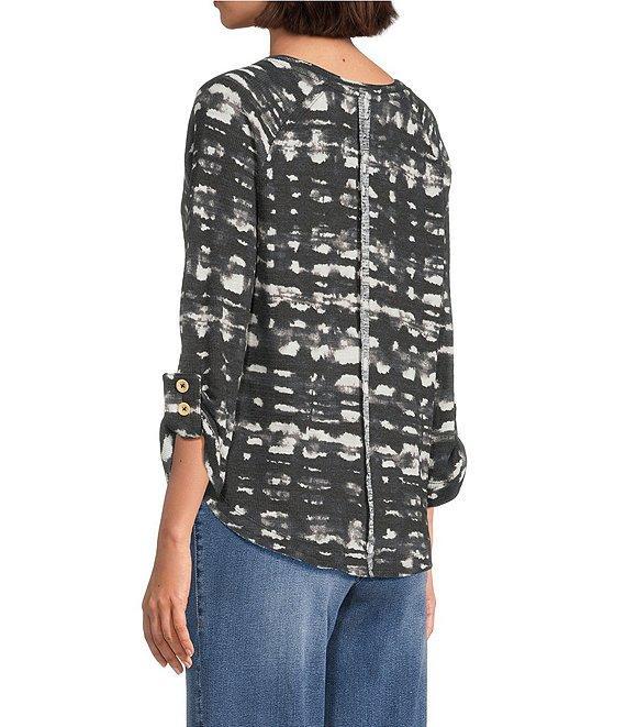 Westbound Petite Size Knit Black and White Watercolor Plaid 3/4 Bell Sleeve V-Neck Top Product Image