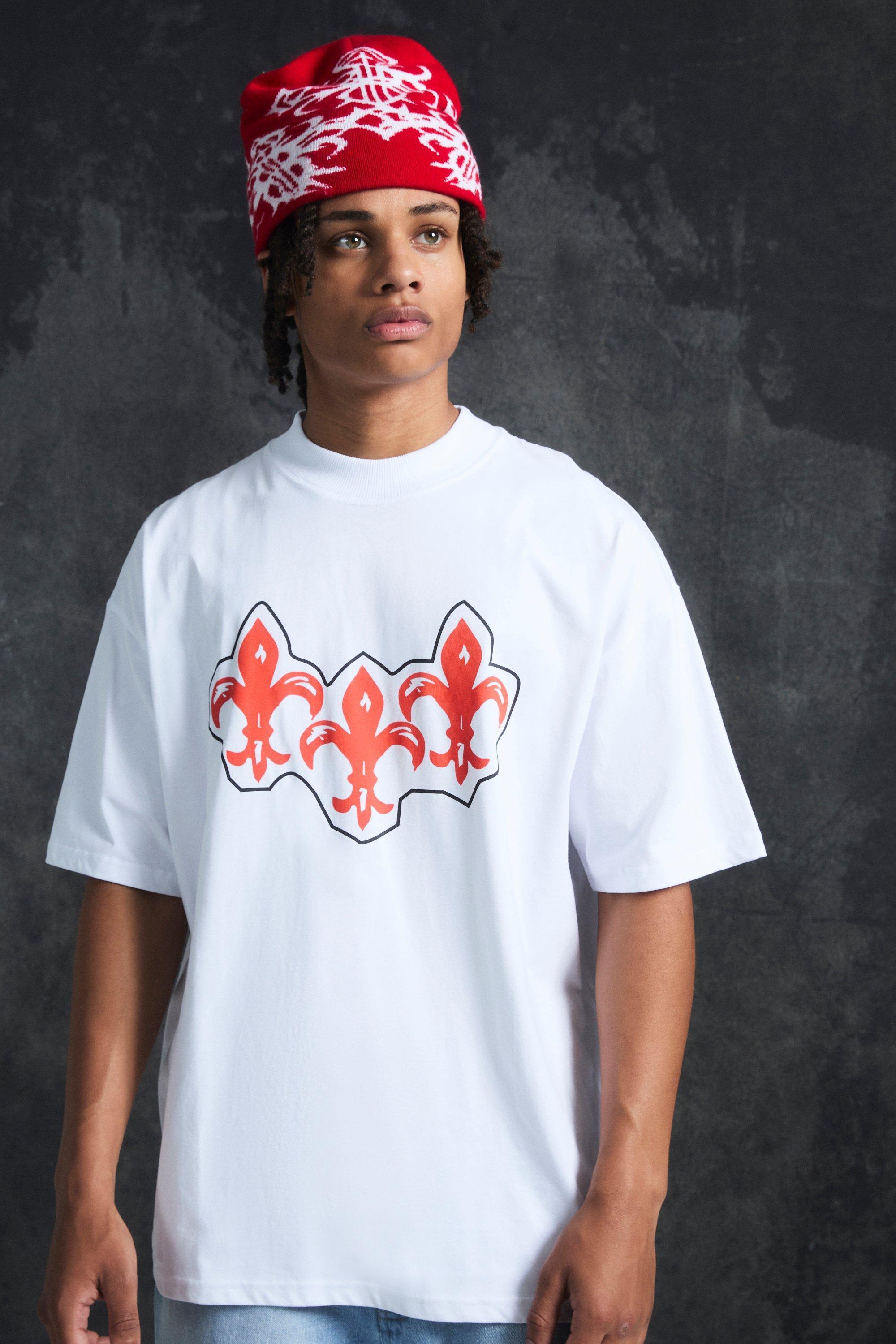 Trippie Redd Oversized Extended Neck Heavyweight Fleur De Lis T-Shirt | boohooMAN USA Product Image