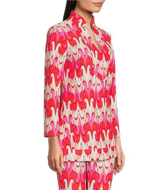 Jude Connally Chris Paradise Ikat Peony Print Jude Cloth Stretch Knit Mandarin Collar Bracelet Sleeve Coordinating Top Product Image