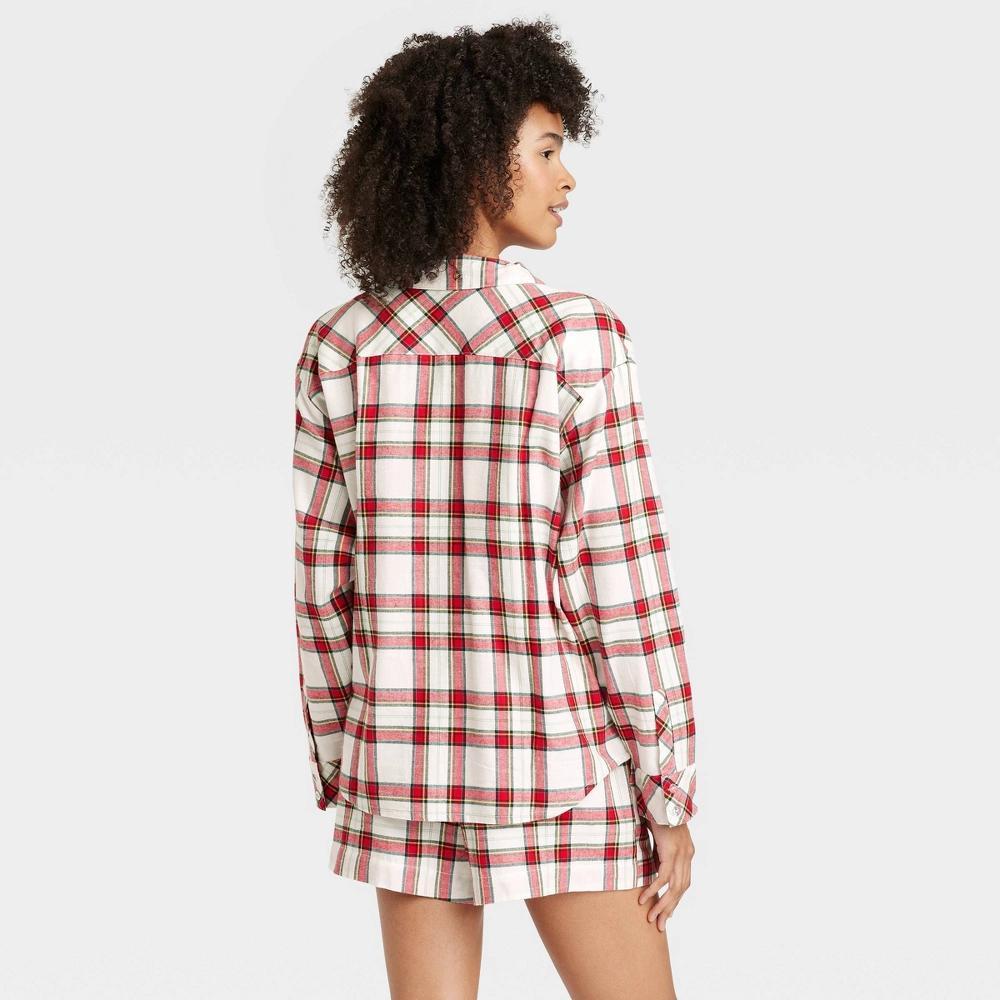 Womens Plaid Flannel Long Sleeve Top and Shorts Pajama Set - Auden Cream XS Product Image