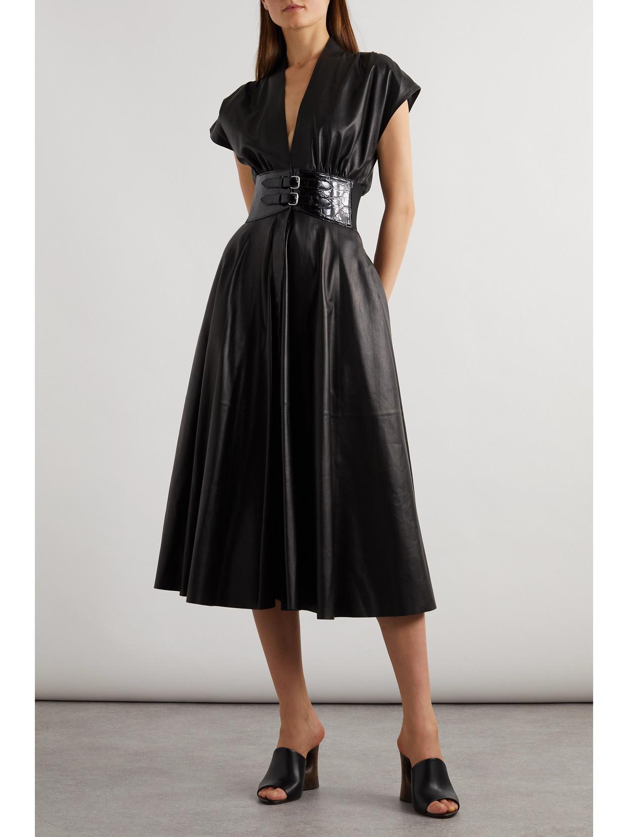 ALAÏA Belted Leather Midi Dress In Black Product Image