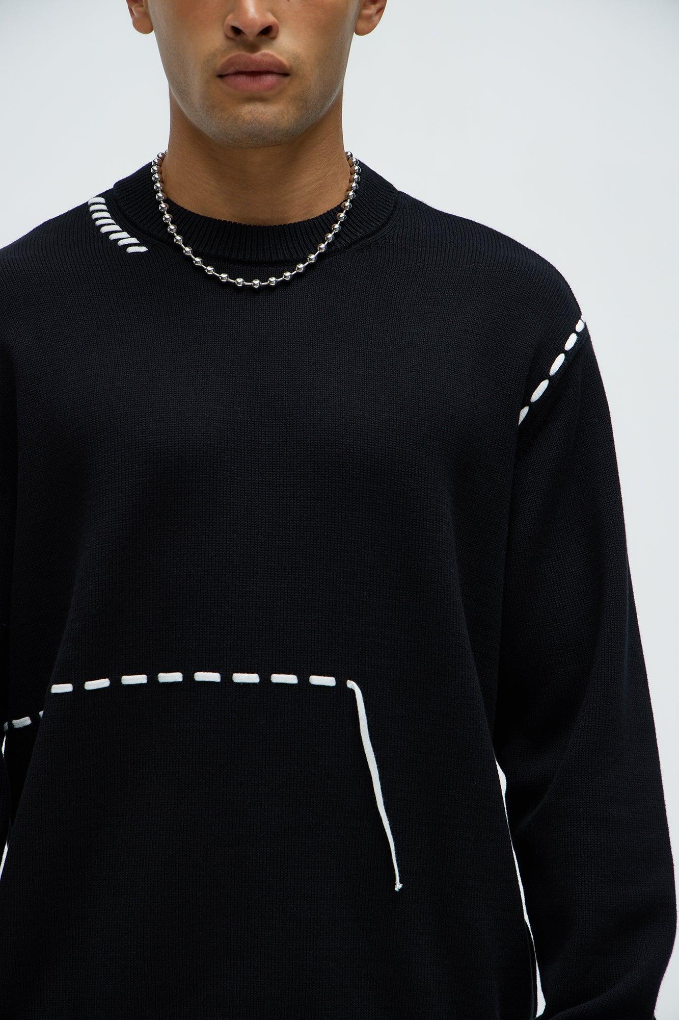 Keany Contrast Stitching Crewneck Sweater - Black Product Image