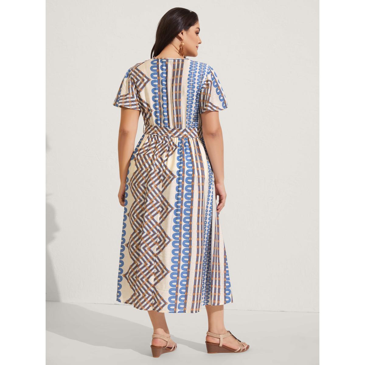 Plus Size Stripe Geometric Print Slit Maxi Dress Aegean Women Overlap Collar Sleeveless Curvy BloomChic 28/5X Product Image