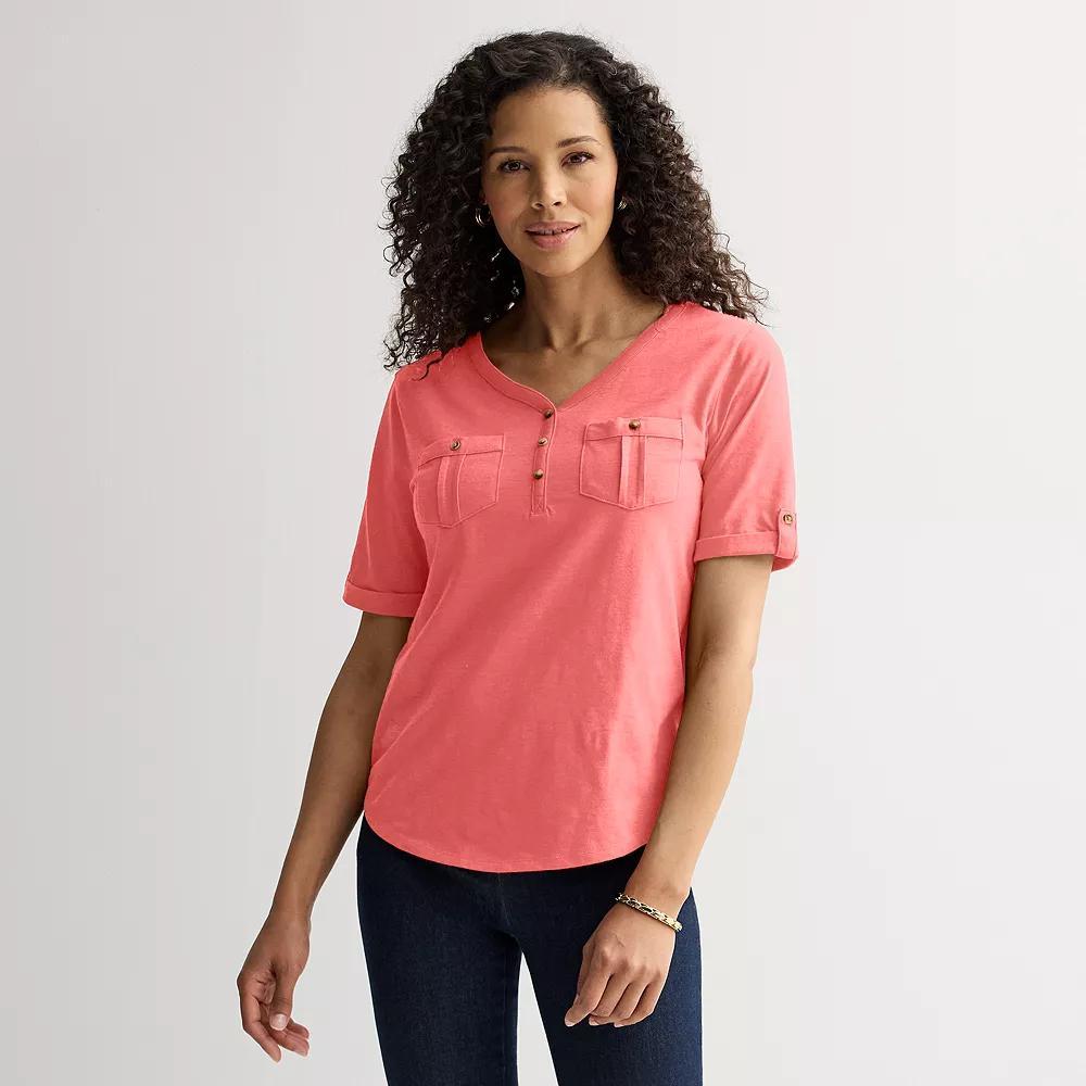 Women's Croft & Barrow® Elbow Sleeve Utility Henley Top, Size: XL, Pink Product Image